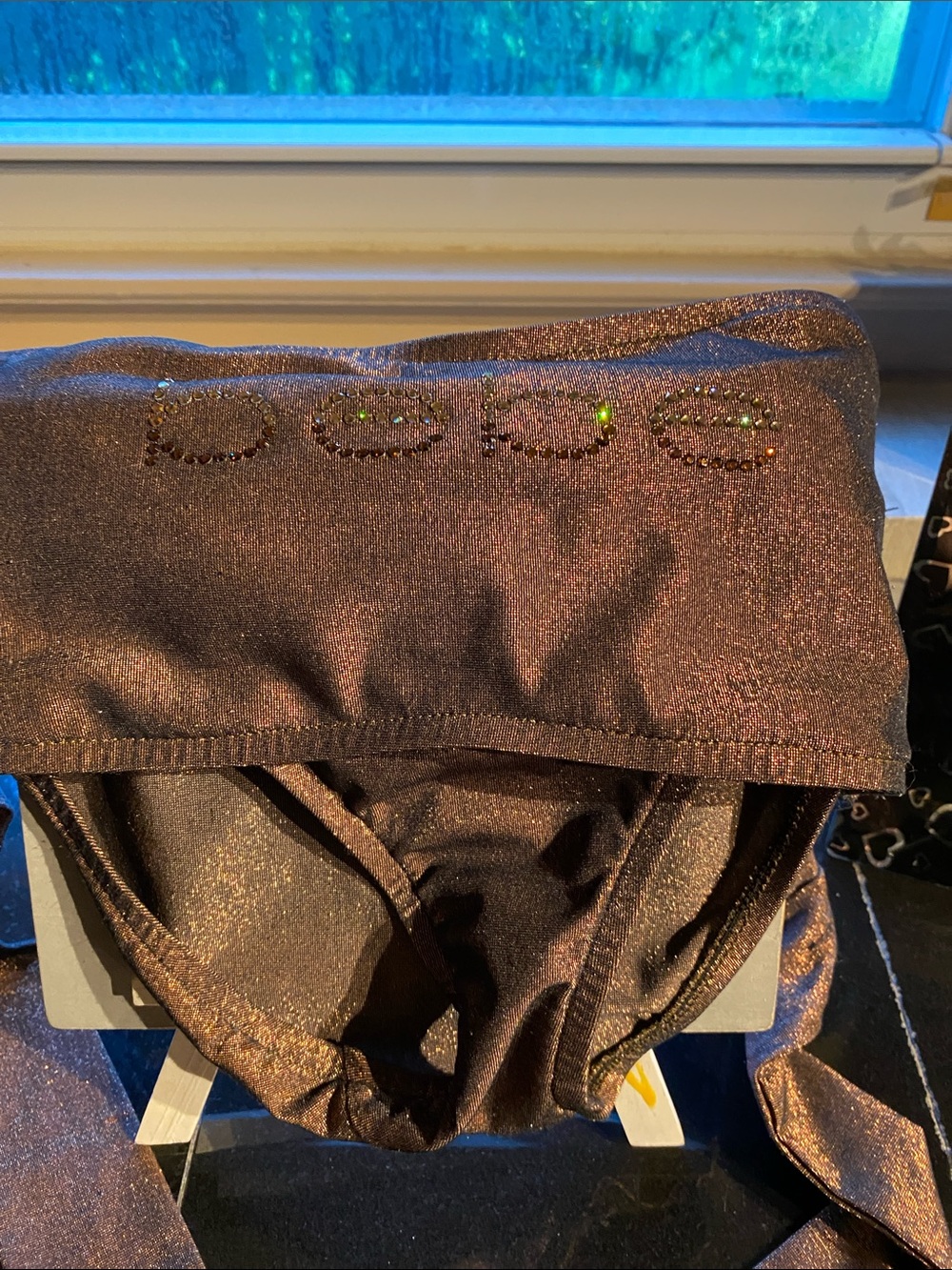 bebe Metallic Bronze Shine Bikini Set with Rhinestone Logo